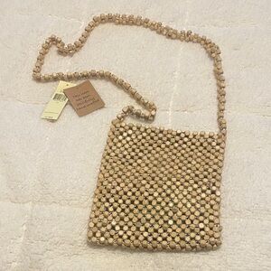NWT Beaded Crossbody Bag in Tan. Tropical Print Interior